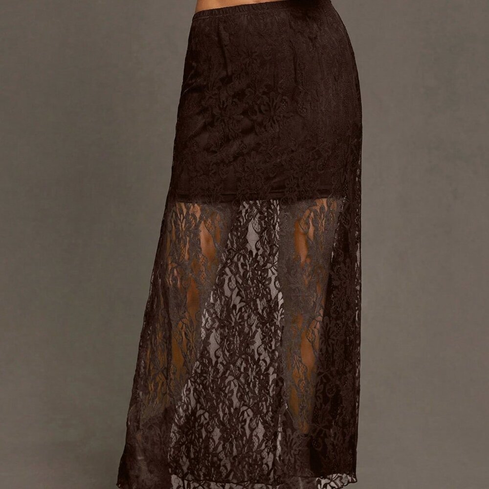 Coffee Brown Elegant Women's Sexy Long Wildflower Lace Skirt - Picture 3 of 6